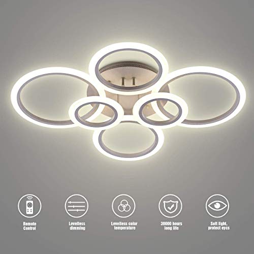 OUQI LED Ceiling Light,Vander Life 72W LED Ceiling Lamp 6400LM White 6 Rings Lighting Fixture for Living Room,Bedroom,Dining Room,Dimmable Remote Control,3 Color