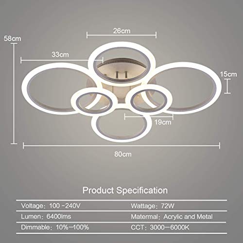 OUQI LED Ceiling Light,Vander Life 72W LED Ceiling Lamp 6400LM White 6 Rings Lighting Fixture for Living Room,Bedroom,Dining Room,Dimmable Remote Control,3 Color