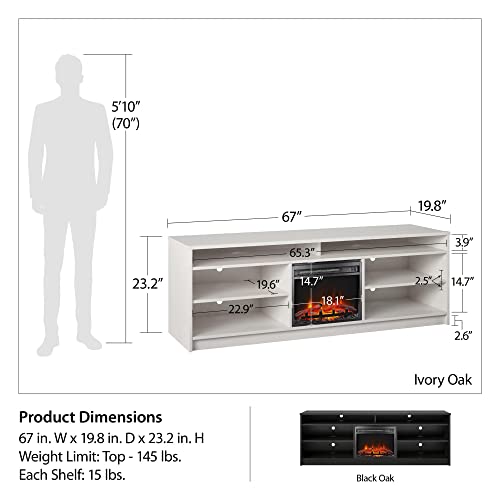 Ameriwood Home Hendrix 75" TV Stand with Electric Fireplace Insert and 6 Shelves, Ivory Oak