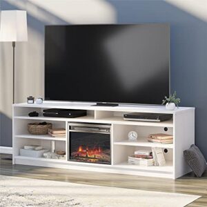 ameriwood home hendrix 75″ tv stand with electric fireplace insert and 6 shelves, ivory oak