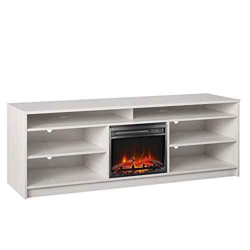 Ameriwood Home Hendrix 75" TV Stand with Electric Fireplace Insert and 6 Shelves, Ivory Oak