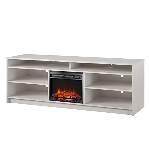 Ameriwood Home Hendrix 75" TV Stand with Electric Fireplace Insert and 6 Shelves, Ivory Oak