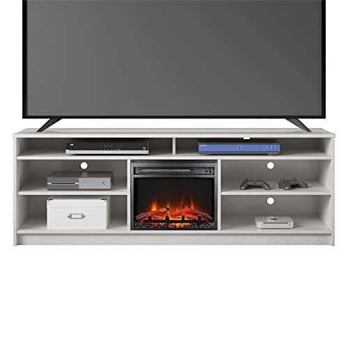 Ameriwood Home Hendrix 75" TV Stand with Electric Fireplace Insert and 6 Shelves, Ivory Oak