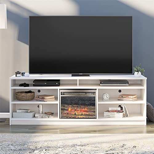 Ameriwood Home Hendrix 75" TV Stand with Electric Fireplace Insert and 6 Shelves, Ivory Oak