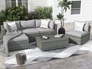 gyutei patio furniture sets 6 pieces outdoor sectional sofa, hand-woven wicker patio conversation set with coffee table,backyard sets with washable cushions for deck garden(grey)