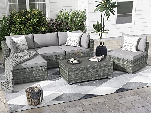 GYUTEI Patio Furniture Sets 6 Pieces Outdoor Sectional Sofa, Hand-Woven Wicker Patio Conversation Set with Coffee Table,Backyard Sets with Washable Cushions for Deck Garden(Grey)