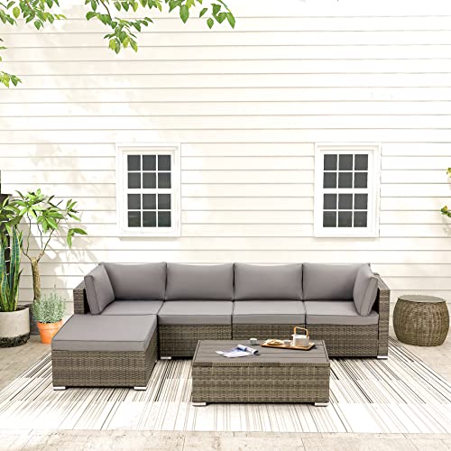 GYUTEI Patio Furniture Sets 6 Pieces Outdoor Sectional Sofa, Hand-Woven Wicker Patio Conversation Set with Coffee Table,Backyard Sets with Washable Cushions for Deck Garden(Grey)