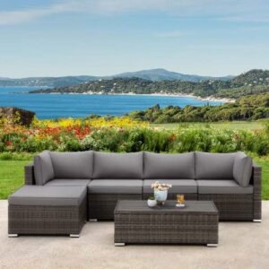 GYUTEI Patio Furniture Sets 6 Pieces Outdoor Sectional Sofa, Hand-Woven Wicker Patio Conversation Set with Coffee Table,Backyard Sets with Washable Cushions for Deck Garden(Grey)