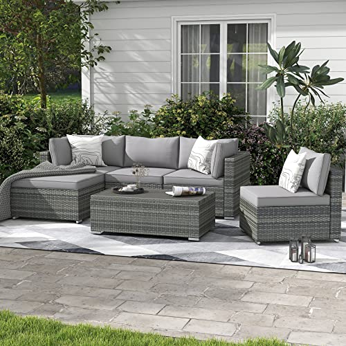 GYUTEI Patio Furniture Sets 6 Pieces Outdoor Sectional Sofa, Hand-Woven Wicker Patio Conversation Set with Coffee Table,Backyard Sets with Washable Cushions for Deck Garden(Grey)