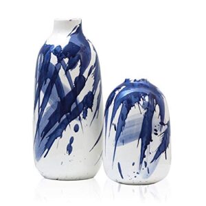 teresa’s collections modern ceramic vase, home decor accents, navy blue and white vases for flowers, decorative vases for table centerpieces, mantel, shelf, living room -set of 2, 7.2″ & 11.4″