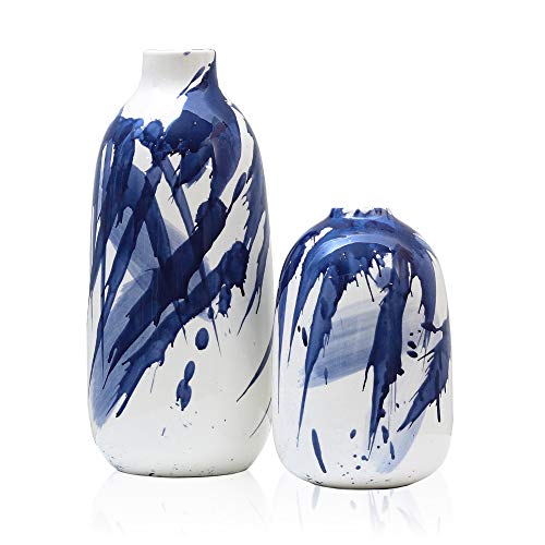 TERESA'S COLLECTIONS Modern Ceramic Vase, Home Decor Accents, Navy Blue and White Vases for Flowers, Decorative Vases for Table Centerpieces, Mantel, Shelf, Living Room -Set of 2, 7.2″ & 11.4″