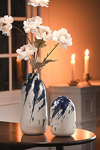 TERESA'S COLLECTIONS Modern Ceramic Vase, Home Decor Accents, Navy Blue and White Vases for Flowers, Decorative Vases for Table Centerpieces, Mantel, Shelf, Living Room -Set of 2, 7.2″ & 11.4″