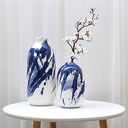 TERESA'S COLLECTIONS Modern Ceramic Vase, Home Decor Accents, Navy Blue and White Vases for Flowers, Decorative Vases for Table Centerpieces, Mantel, Shelf, Living Room -Set of 2, 7.2″ & 11.4″