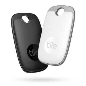 tile pro (2022), 2-pack (black/white). powerful bluetooth tracker, keys finder and item locator for keys, bags, and more; up to 400 ft range. water-resistant. phone finder. ios & android compatible