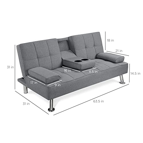 Best Choice Products Linen Upholstered Modern Convertible Folding Futon Sofa Bed for Compact Living Space, Apartment, Dorm, Bonus Room w/Removable Armrests, Metal Legs, 2 Cupholders - Gray