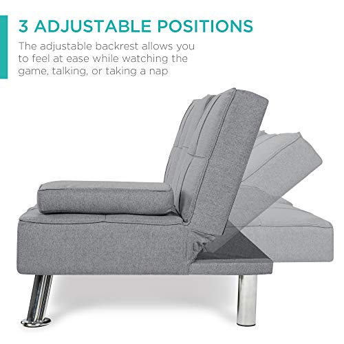 Best Choice Products Linen Upholstered Modern Convertible Folding Futon Sofa Bed for Compact Living Space, Apartment, Dorm, Bonus Room w/Removable Armrests, Metal Legs, 2 Cupholders - Gray