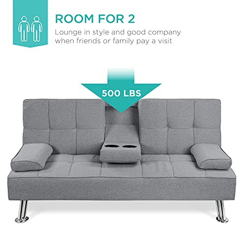 Best Choice Products Linen Upholstered Modern Convertible Folding Futon Sofa Bed for Compact Living Space, Apartment, Dorm, Bonus Room w/Removable Armrests, Metal Legs, 2 Cupholders - Gray