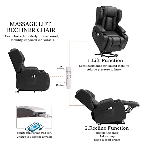 BINGTOO Electric Power Recliner Chair with Massage and Heat Recliner Chairs for Adults, Leather Home Theater Seating with Cup Holders, USB Port