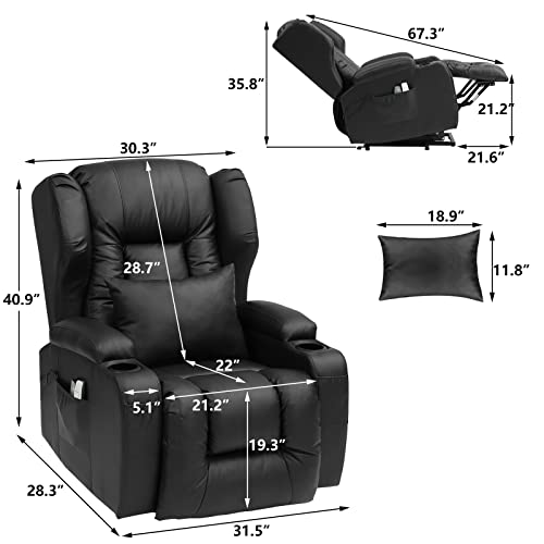 BINGTOO Electric Power Recliner Chair with Massage and Heat Recliner Chairs for Adults, Leather Home Theater Seating with Cup Holders, USB Port