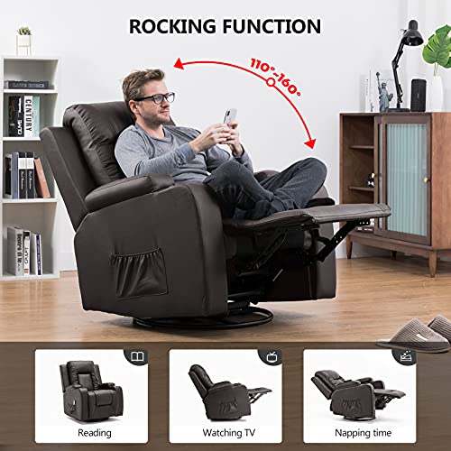 COMHOMA PU Leather Recliner Chair Modern Rocker with Heated Massage Ergonomic Lounge 360 Degree Swivel Single Sofa Seat with Drink Holders Living Room Chair (Brown)