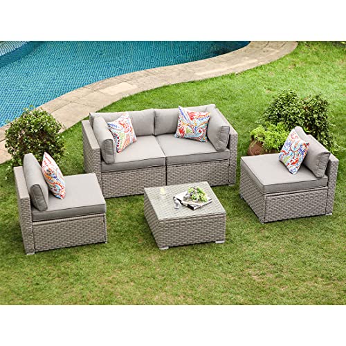 COSIEST 5-Piece Outdoor Furniture Set Warm Gray Wicker Sectional Sofa w Thick Cushions, Glass Coffee Table, 4 Floral Fantasy Pillows for Garden, Pool, Backyard