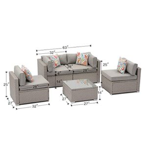 COSIEST 5-Piece Outdoor Furniture Set Warm Gray Wicker Sectional Sofa w Thick Cushions, Glass Coffee Table, 4 Floral Fantasy Pillows for Garden, Pool, Backyard