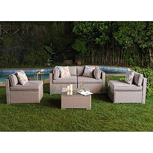 COSIEST 5-Piece Outdoor Furniture Set Warm Gray Wicker Sectional Sofa w Thick Cushions, Glass Coffee Table, 4 Floral Fantasy Pillows for Garden, Pool, Backyard