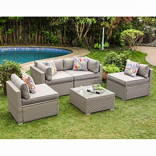 COSIEST 5-Piece Outdoor Furniture Set Warm Gray Wicker Sectional Sofa w Thick Cushions, Glass Coffee Table, 4 Floral Fantasy Pillows for Garden, Pool, Backyard