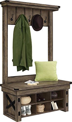 Ameriwood Home Wildwood Wood Veneer Entryway Hall Tree with Storage Bench, Rustic Gray