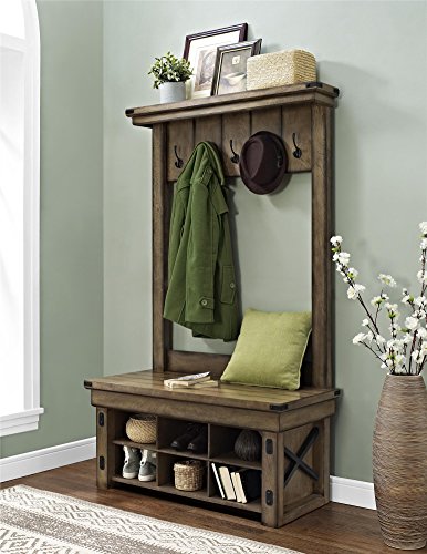 Ameriwood Home Wildwood Wood Veneer Entryway Hall Tree with Storage Bench, Rustic Gray