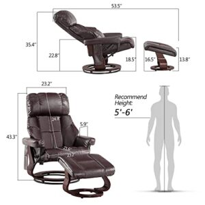 MCombo Recliner with Ottoman Reclining Chair with Vibration Massage and Removable Lumbar Pillow, 360 Degree Swivel Wood Base, Faux Leather 9068 (Dark Brown)