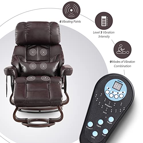 MCombo Recliner with Ottoman Reclining Chair with Vibration Massage and Removable Lumbar Pillow, 360 Degree Swivel Wood Base, Faux Leather 9068 (Dark Brown)