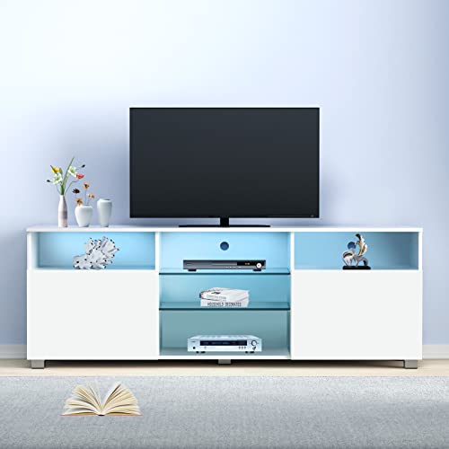 SUSSURRO LED TV Stand for 60/65 inch TV, Television Table Center Media Console with Drawer and Led Lights, High Glossy Modern Entertainment Center for Living Game Room Bedroom, White