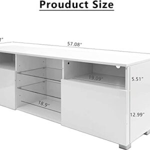 SUSSURRO LED TV Stand for 60/65 inch TV, Television Table Center Media Console with Drawer and Led Lights, High Glossy Modern Entertainment Center for Living Game Room Bedroom, White