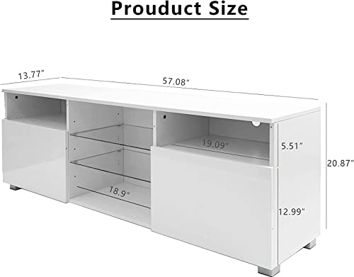 SUSSURRO LED TV Stand for 60/65 inch TV, Television Table Center Media Console with Drawer and Led Lights, High Glossy Modern Entertainment Center for Living Game Room Bedroom, White