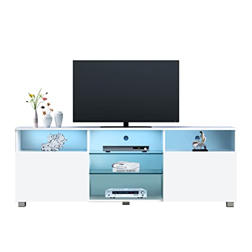 SUSSURRO LED TV Stand for 60/65 inch TV, Television Table Center Media Console with Drawer and Led Lights, High Glossy Modern Entertainment Center for Living Game Room Bedroom, White