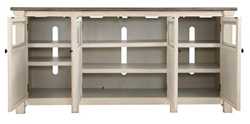 Signature Design by Ashley Bolanburg Two Tone Farmhouse TV Stand, Fits TVs up to 72", 3 Cabinets and Adjustable Storage Shelves, Whitewash