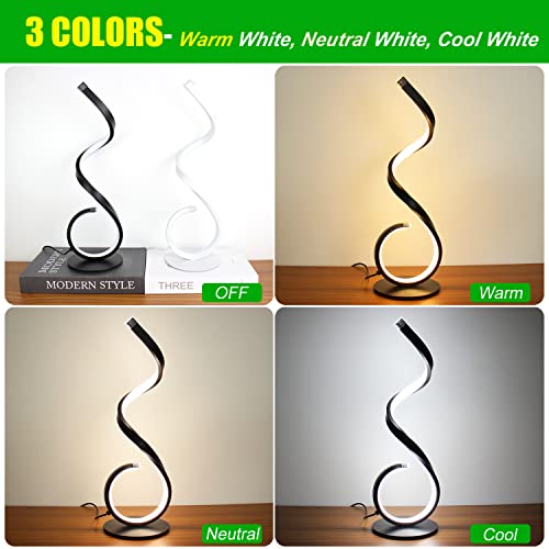 LENIVER Spiral LED Table Lamp, 10W 3 Colors Dimmable Modern Bedside Lamp, Unique Nightstand Lamps Desk Lamp Reading Light for Living Room, Bedroom, Office, Kids Room - Black