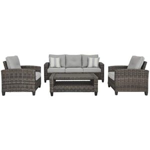signature design by ashley cloverbrooke outdoor seating set, includes sofa, coffee table & 2 chairs, gray
