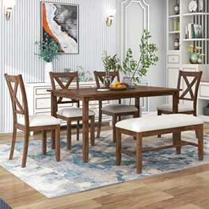 merax 6-piece wood kitchen dining table set with 4 fabric chairs and bench, family furniture, natural cherry_6pcs_2