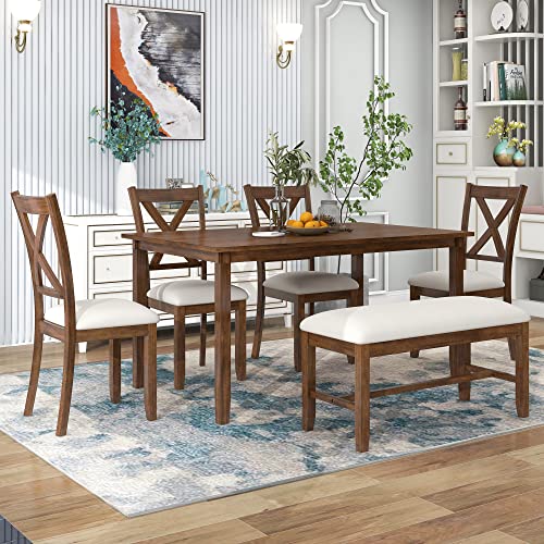 Merax 6-Piece Wood Kitchen Dining Table Set with 4 Fabric Chairs and Bench, Family Furniture, Natural Cherry_6pcs_2