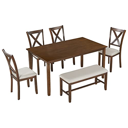 Merax 6-Piece Wood Kitchen Dining Table Set with 4 Fabric Chairs and Bench, Family Furniture, Natural Cherry_6pcs_2