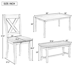 Merax 6-Piece Wood Kitchen Dining Table Set with 4 Fabric Chairs and Bench, Family Furniture, Natural Cherry_6pcs_2