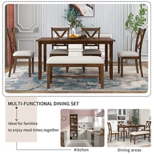 Merax 6-Piece Wood Kitchen Dining Table Set with 4 Fabric Chairs and Bench, Family Furniture, Natural Cherry_6pcs_2