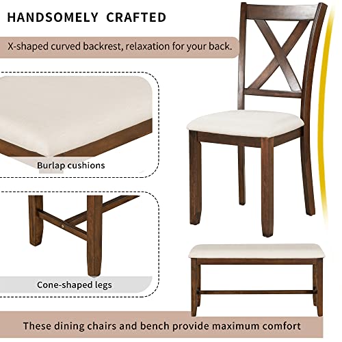 Merax 6-Piece Wood Kitchen Dining Table Set with 4 Fabric Chairs and Bench, Family Furniture, Natural Cherry_6pcs_2