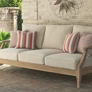 Signature Design by Ashley Clare View Coastal Outdoor Patio Eucalyptus Sofa with Cushions, Beige