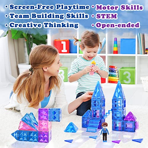 Diamond Magnetic Tiles 102pcs with Dolls, Girls Toys Age 4-5 6-8, Princess Castle Magnetic Blocks, Toys for 3+ Year Old Girls & Boys, Kids Toys Help Kids STEM Learning & Encourage Imaginative Play