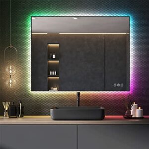 amorho led bathroom mirror with rgb backlit, 48″x36″ color changing lighted vanity mirror for wall, anti-fog, memory function, touch control, dimmable, shatterproof (horizontal/vertical)