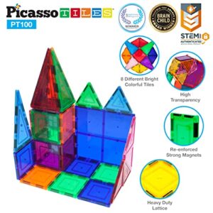 PicassoTiles 100 Piece Set 100pcs Magnet Building Tiles Clear Magnetic 3D Building Blocks Construction Playboards, Creativity Beyond Imagination, Inspirational, Recreational, Educational Conventional