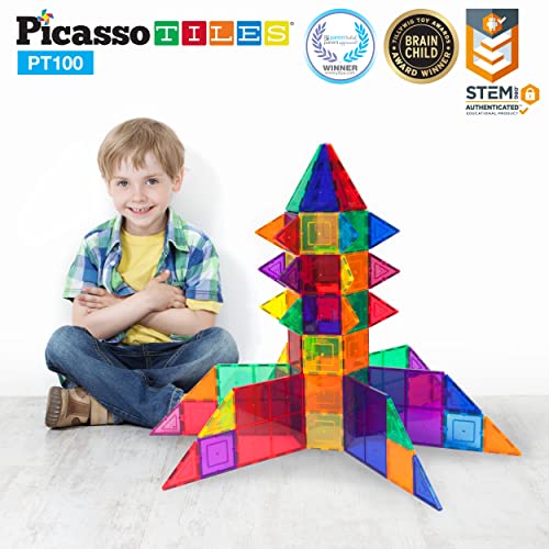 PicassoTiles 100 Piece Set 100pcs Magnet Building Tiles Clear Magnetic 3D Building Blocks Construction Playboards, Creativity Beyond Imagination, Inspirational, Recreational, Educational Conventional